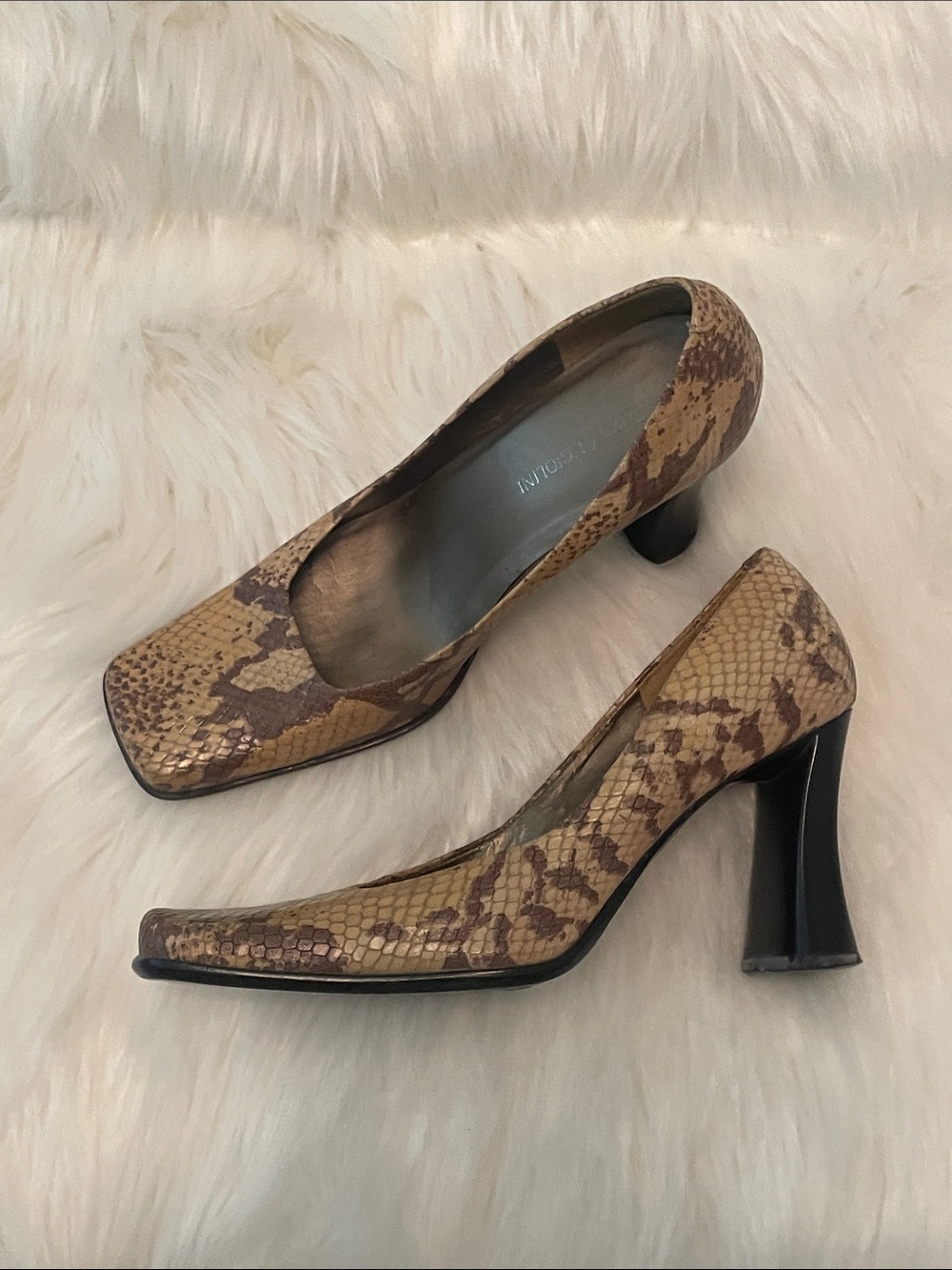 Enzo Angiolini - Gold Brown Snake-Embossed Pump with Flared Black Heel - Sz7
